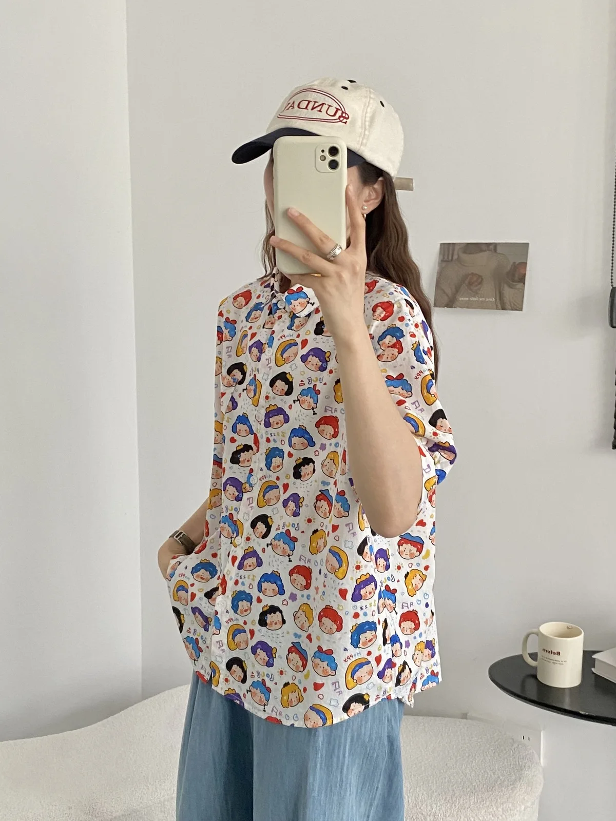 New Spring Cotton Shirts Women Short Sleeve Cute Cartoon Printed Tops Girl Sweet Casual Loose Blouses 2024 Summer T44372QM