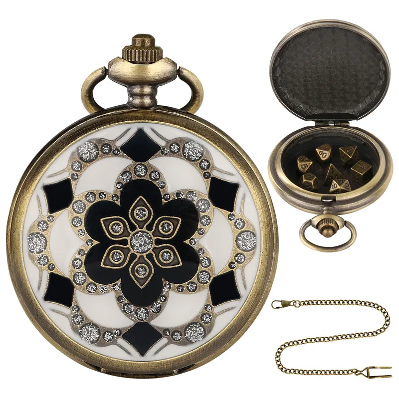 

Antique Crystal Flower Pocket Watch Case FOB Chain with 7Pcs/set Metal Polyhedral Dices Entertainment Role Play Gaming Dice