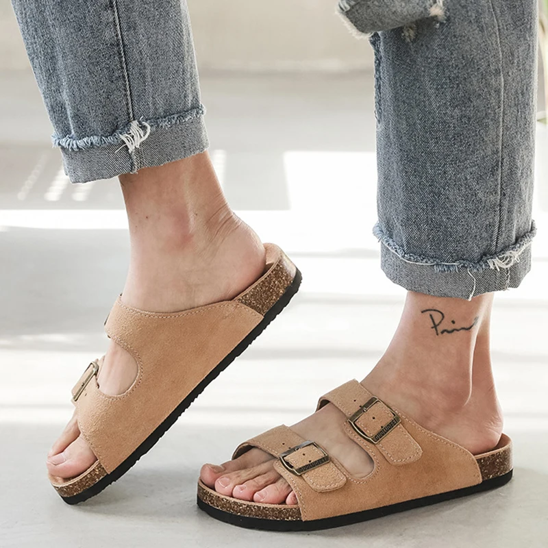 Nubuck Women Cork Slippers Summer Mule Clogs Flats Sandals Slides Casual Beach Couple Double Buckle Soft Shoes Footwear Big Size