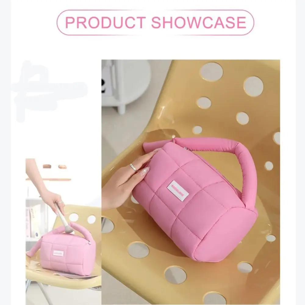 Fashion Solid Color Puffy Makeup Bag Large Capacity Zipper Travel Quilted Toiletry Bag Handbag Nylon Cosmetic Storage Bag