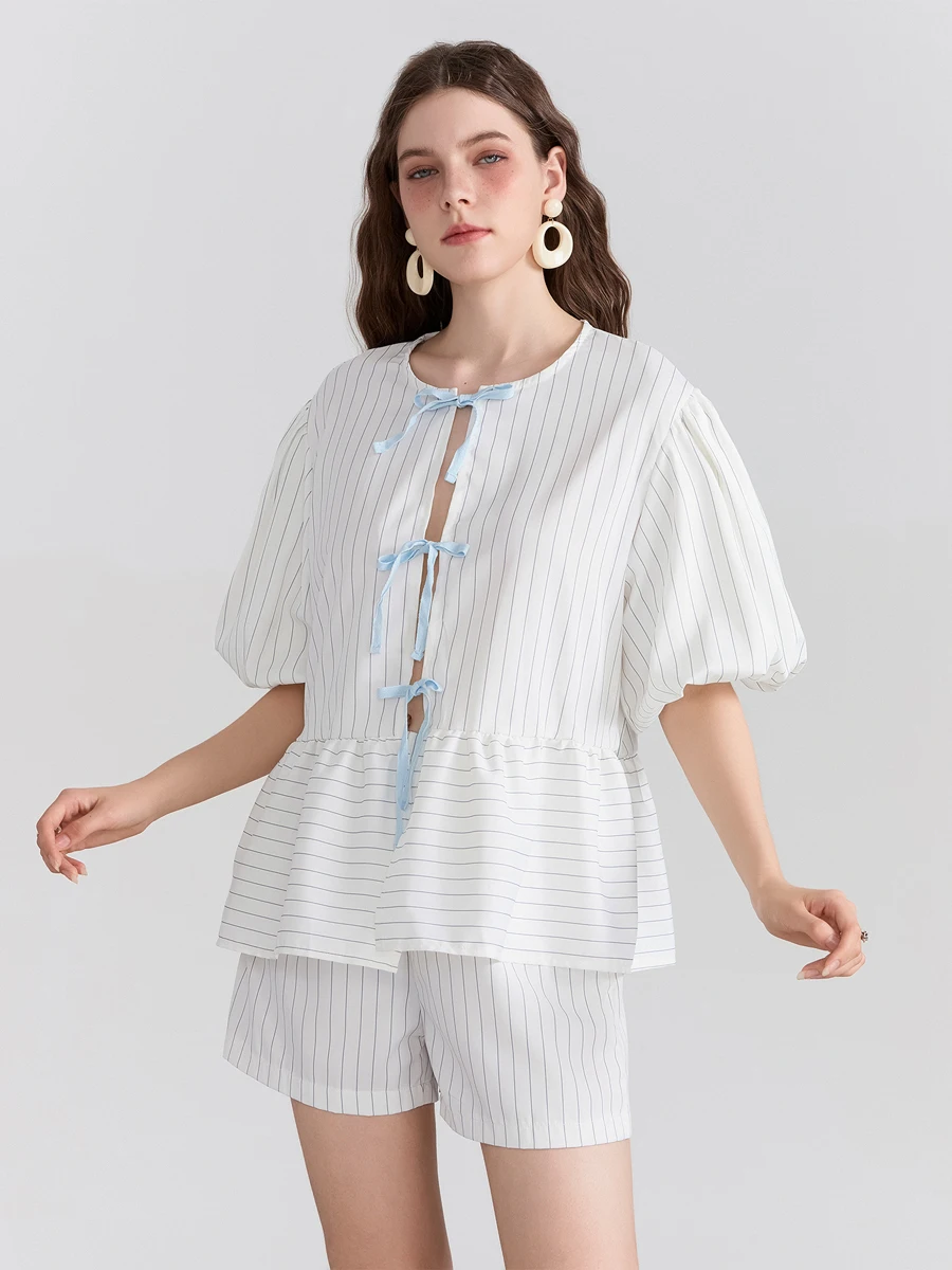 Women Y2K Striped 2 Piece Lounge Sets Puff Sleeve Tie Front Tops and Shorts Sets Summer Cute Pajamas Pjs Sets