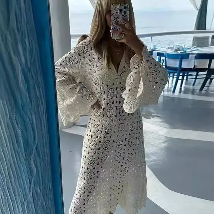 

Sexy Crochet Eyelet Knit Maxi Dress See Through Loose Plunge V Neck Long Sleeve Dress Women Summer Chic 2024 Vacation Beach