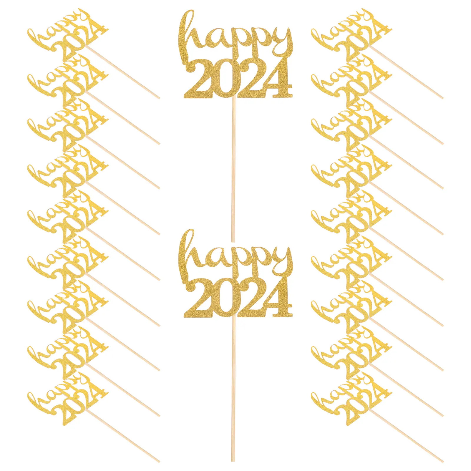 

30 Pcs Cake Insert Golden Toppers Happy New Year 2024 Party Decorations Reusable Cupcake nament Dessert Accessories