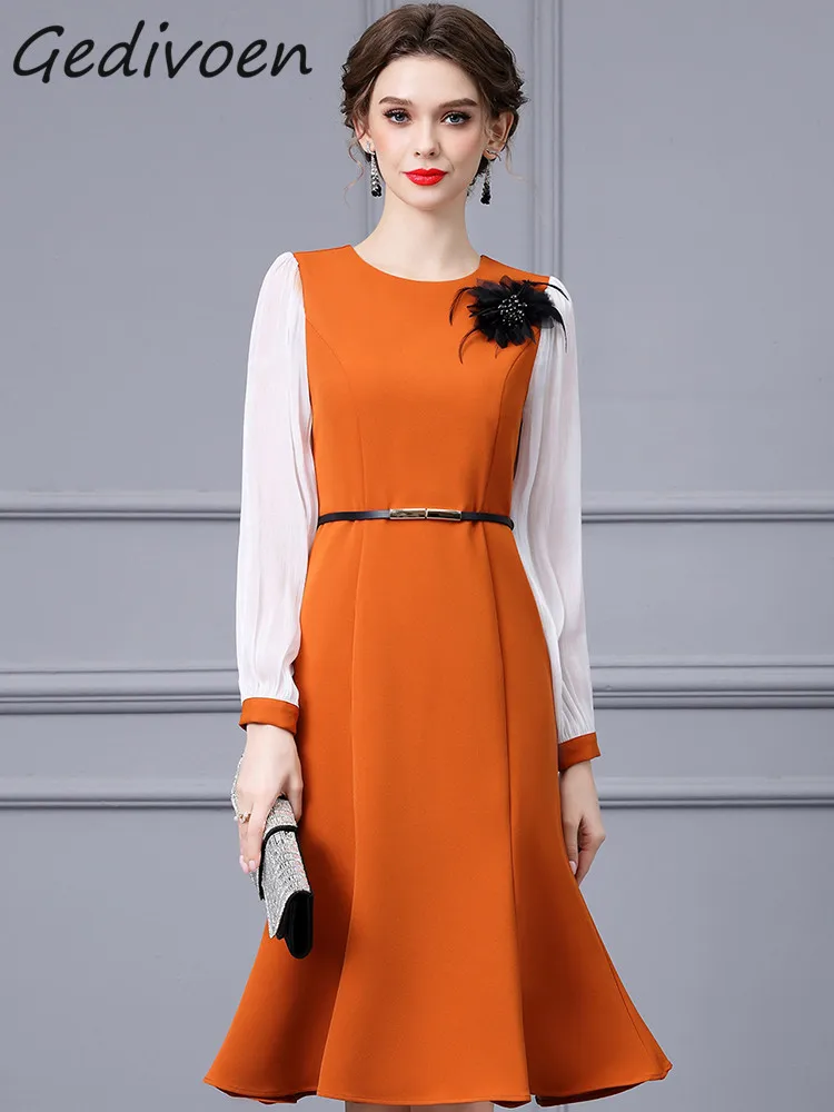 

Gedivoen Autumn Fashion Runway Vintage Hit Color Dress Women O Neck Long Sleeve Appliques Sashes Gathered Waist Slim Long Dress