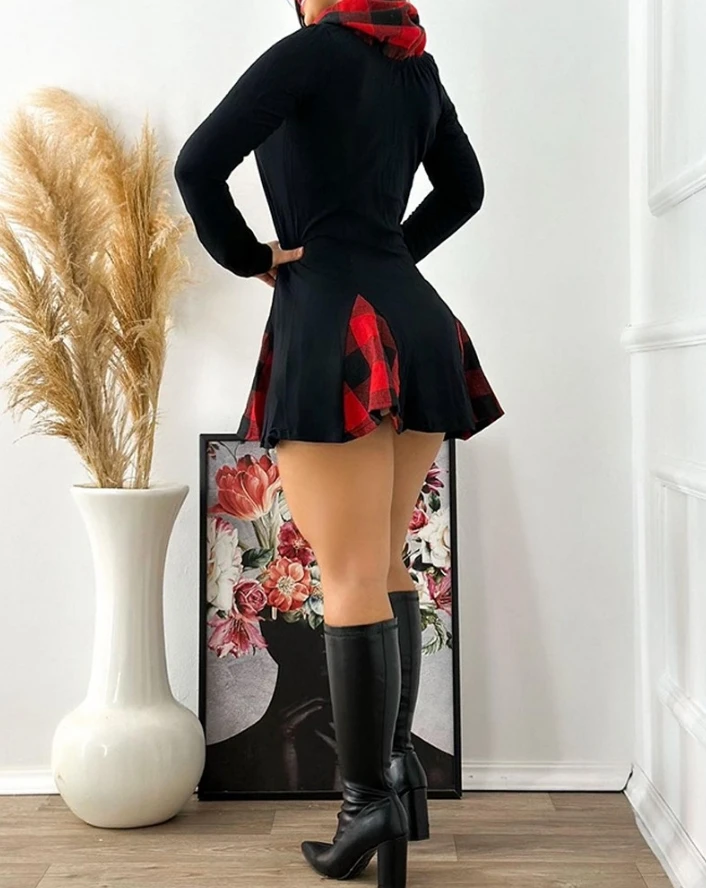 Red Black Contrasting Checkered Pattern Funnel Neck Long Sleeved Short Skirt with Casual Design New Fashionable Slim Fit Dress