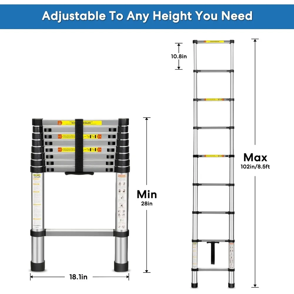 Telescoping Ladder, 8.5 FT Aluminum Telescopic Extension Ladder, Multi-Purpose Design, Non-Slip Feet, Perfect for Household