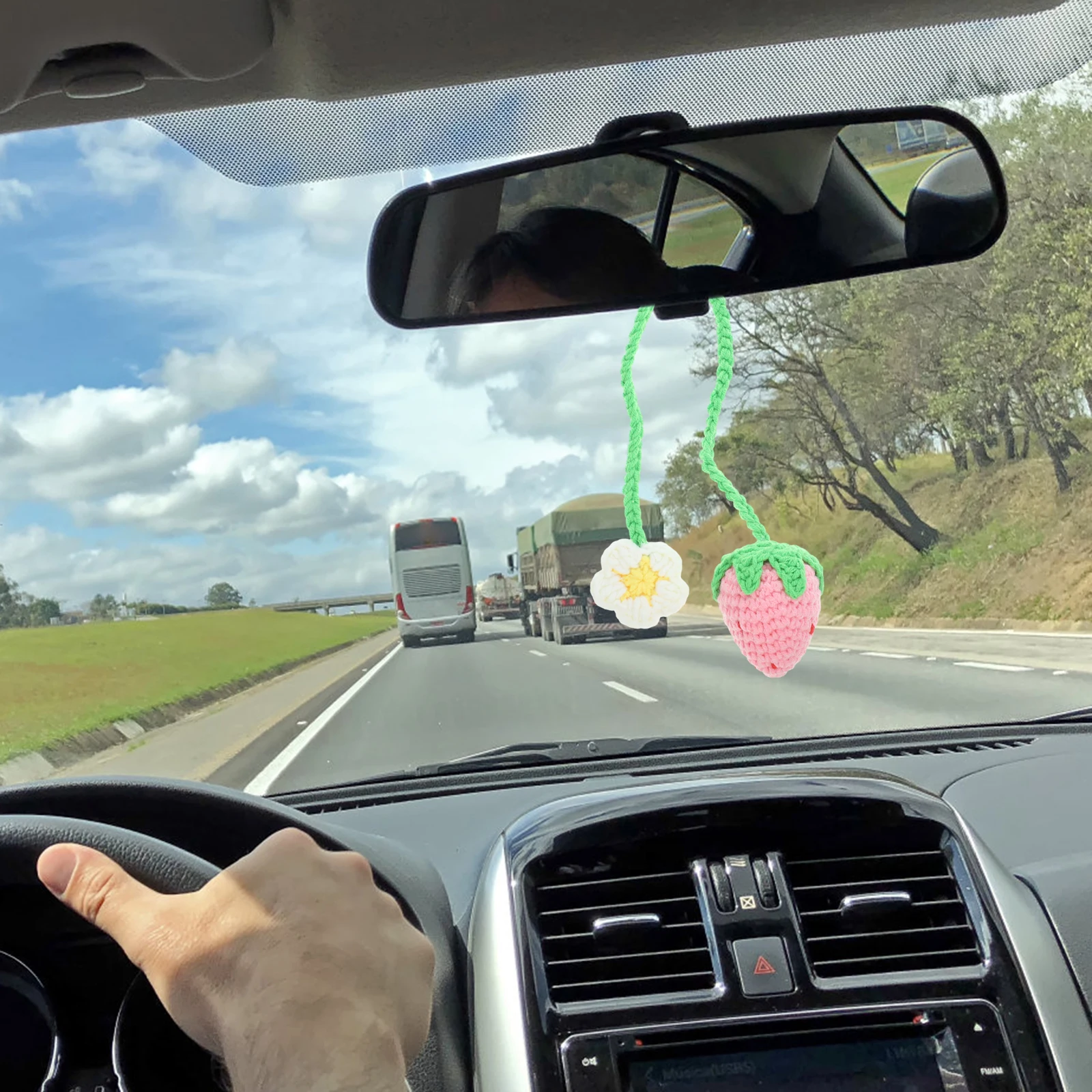 

Car Interior Pendant Crochet Flower Strawberry Lightweight Rearview Mirror Hanging Decor Accessories Non Fading Long Term