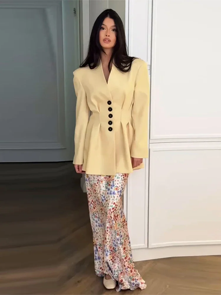 

Elegant V Neck Pleated Slim Suit Jacket Women Casual Long Sleeves Button Blazer Coat 2025 Lady New Summer Office Streetwear