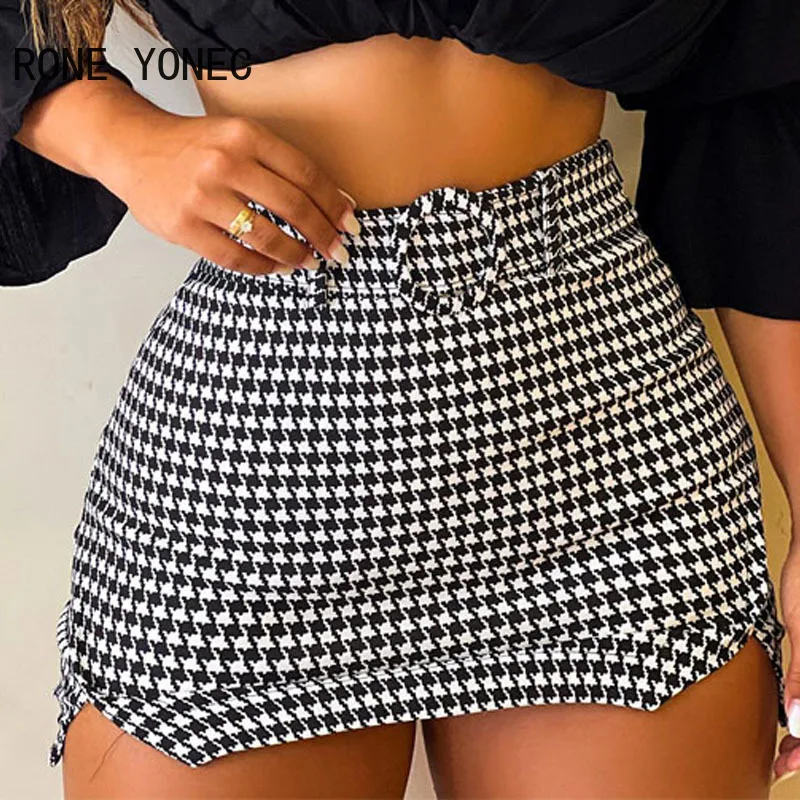 Women Chic with Belt Slash Small V Neck Three Quarter Sleeves Houndstooth Pattern Bottom& Solid Top Bodycon Skirt Sets