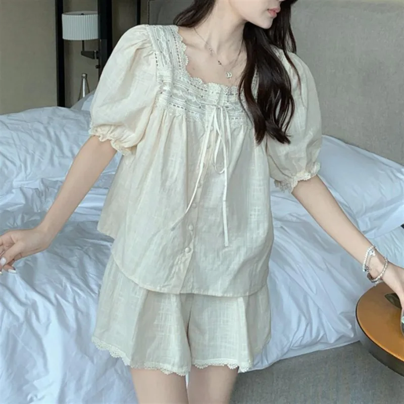 

Ladies Short Sleeve Shorts Pajama Summer French Cotton Linen Solid Sweet Lace Princess Pajamas Set Women Sexy Sleepwear Pajama