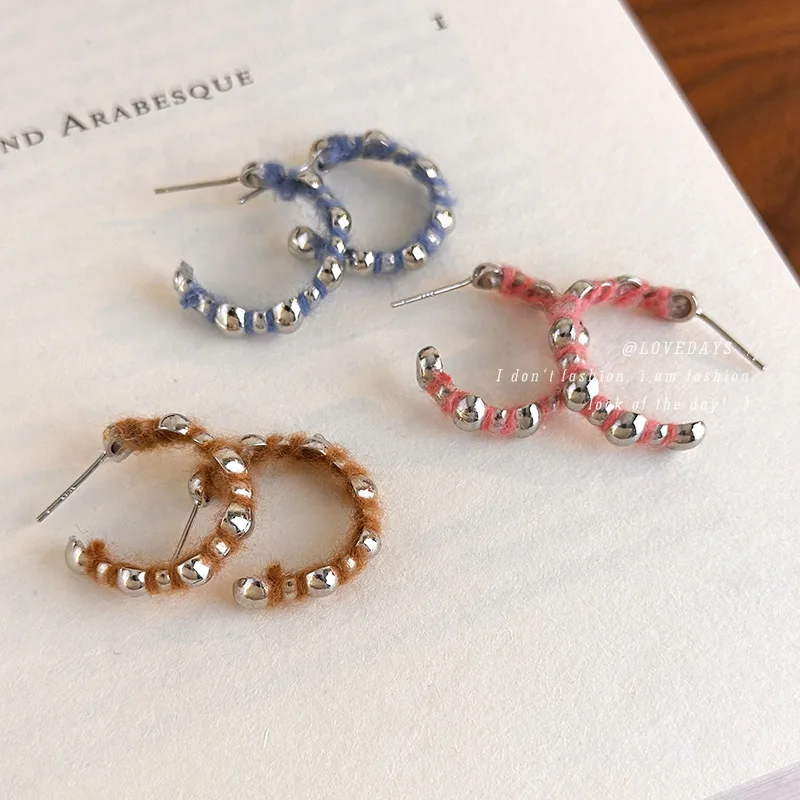Handcrafted Multicolor Knitted Yarn C Hoop Earrings Retro Unique Chic Lightweight for Women