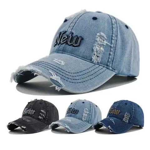 Unisex High Quality Vintage New York NY Denim Baseball Cap with Distressed & Torn Details, Buckle Closure, Retro Casual Outdoor Sun Hiking Sports Dad Hat