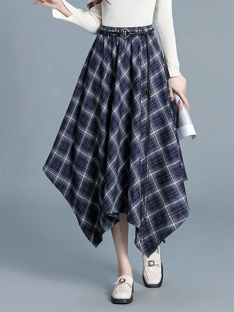 

ZUZK Asymmetrical Plaid Skirt Elastic Waisted A Line Mid Length Korean Style Fashion Retro Versatile Irregular Autumn Skirt