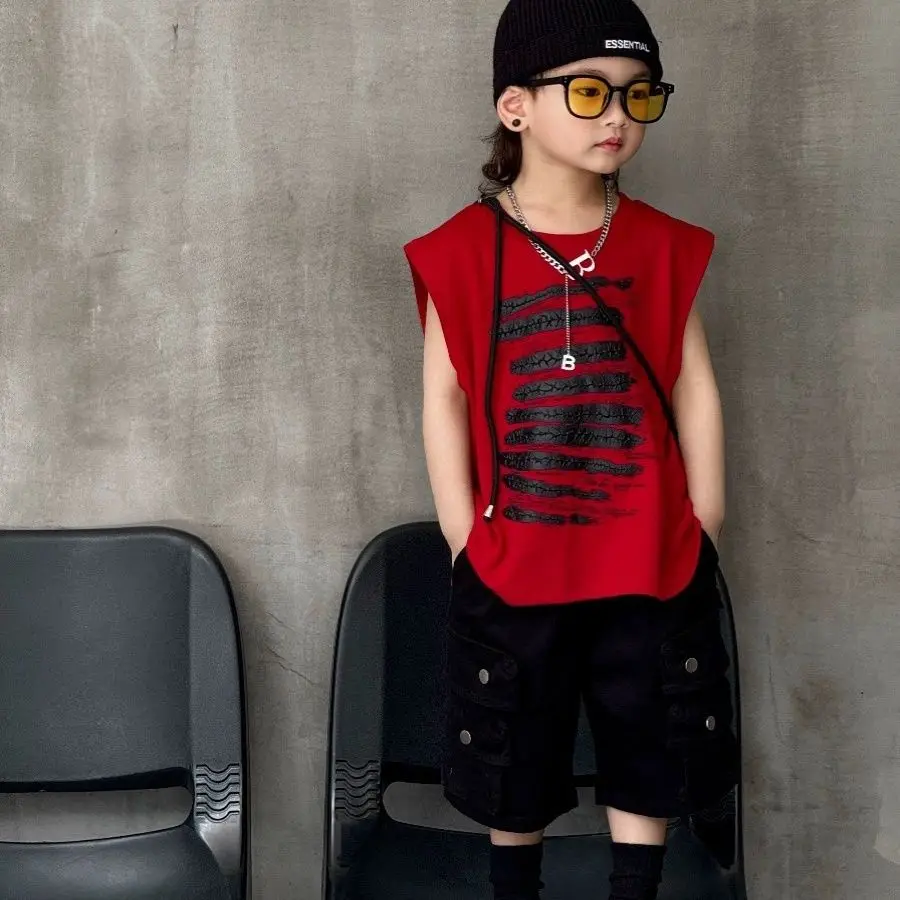 Summer Fashion Baby Red Sleeveless Set Boys Top Tshirt+Shorts 2pcs Children Set Casual Sportswear 2PCS Streetwear Clothing