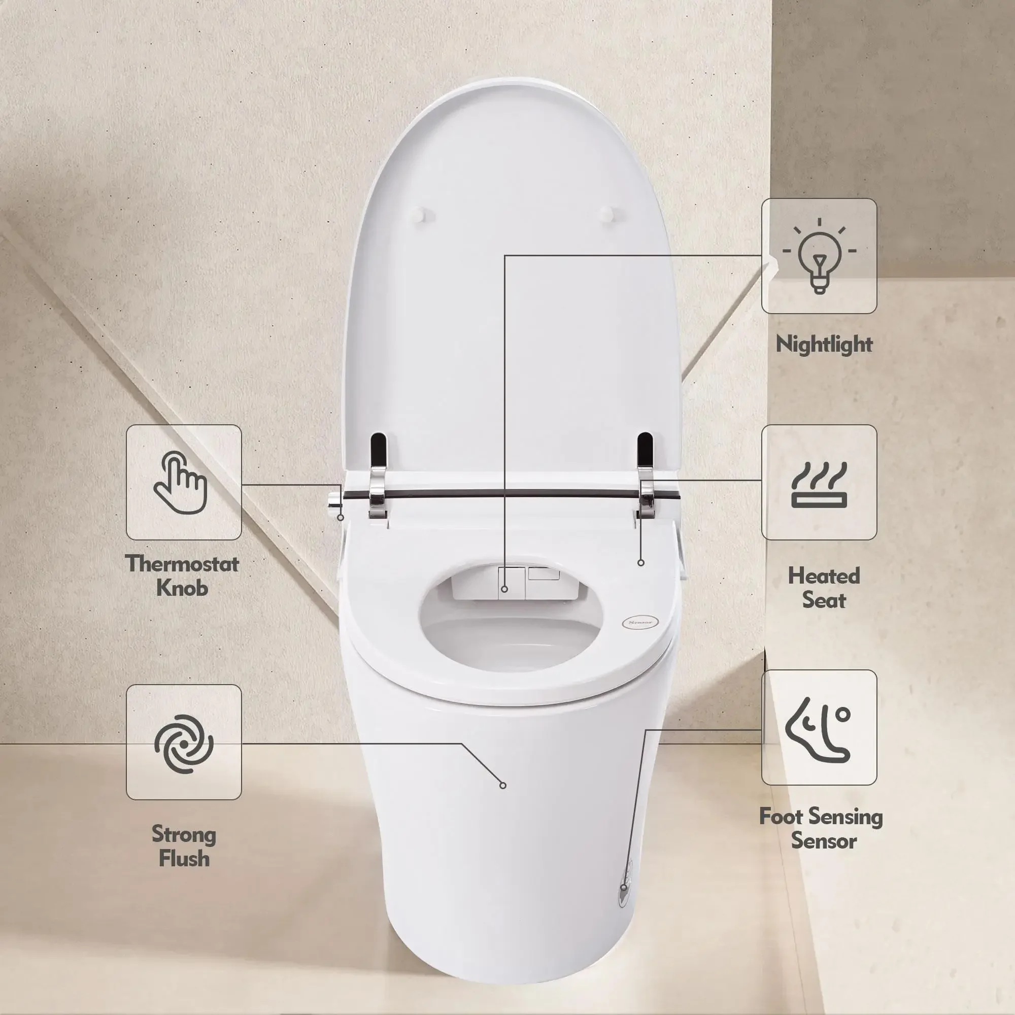 Heated Seat Smart Toilet Without Bidet, Upmarket Compact Dual Flush Toilet 1/1.28 Gpf, Tank Less Toilet Foot Sensor Flush, White