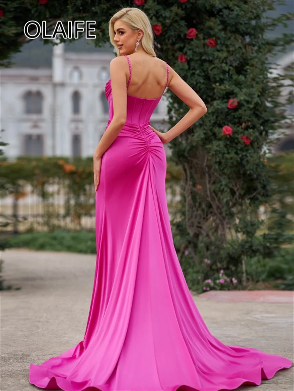 Charmoso alças de espaguete cetim plissado formal vestido de festa à noite frisado fenda lateral bainha vestido de baile com trem varredura personalizado