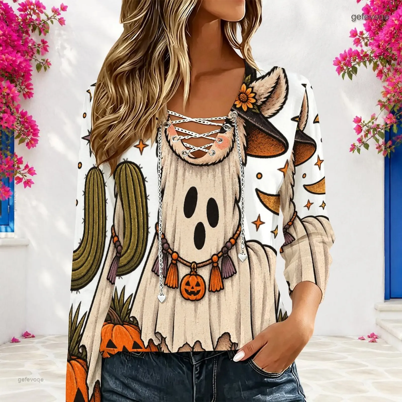 Women V Neck Long Sleeve Top Metal Chain Criss Cross Lace Up Cutout Loose Casual Blouse Custom Print Ladies Western Style Tee