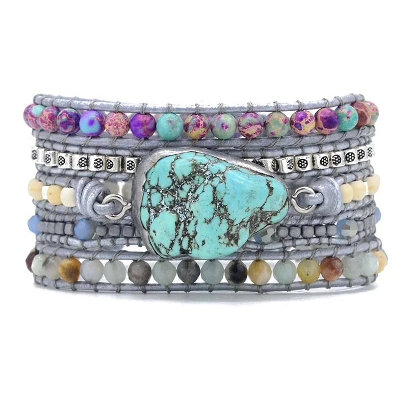 Fashion Unique Mixed Natural Stones Turquoises Charm Wrap Bracelets Handmade Boho Bracelet Women Leather Bracelet