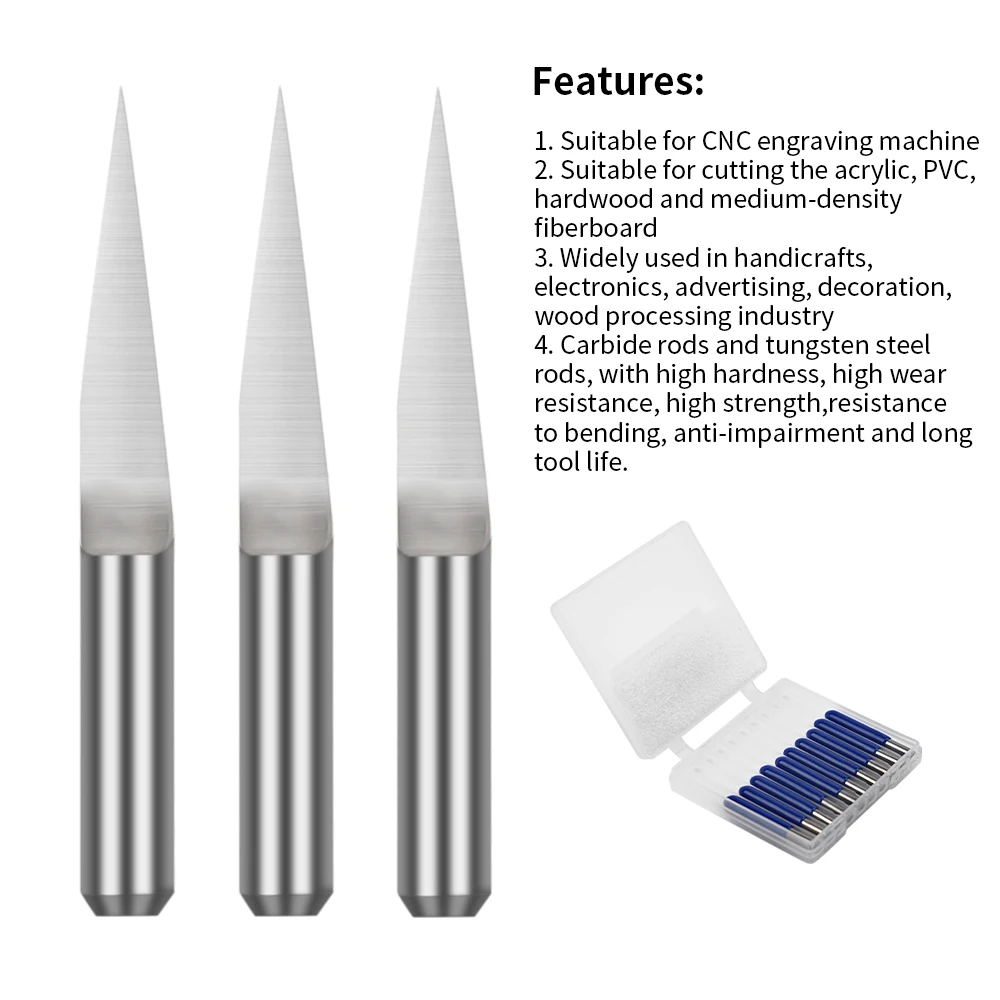 10PCS D3.175x15°x0.1 Tungsten Carbide Tapered Flat Tip Cutter Wood working CNC 3D Carving Bits Milling Cut