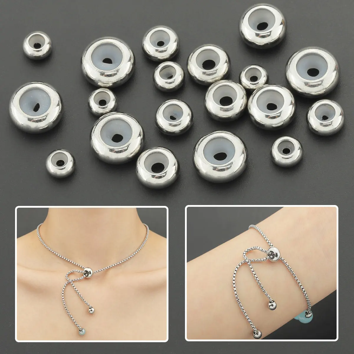 10 pcs Stainless Steel Positioning Beads, Silicone Non-Slip Inner Core Fixed Beads, Suitable for DIY Necklaces, Bracelets, and J