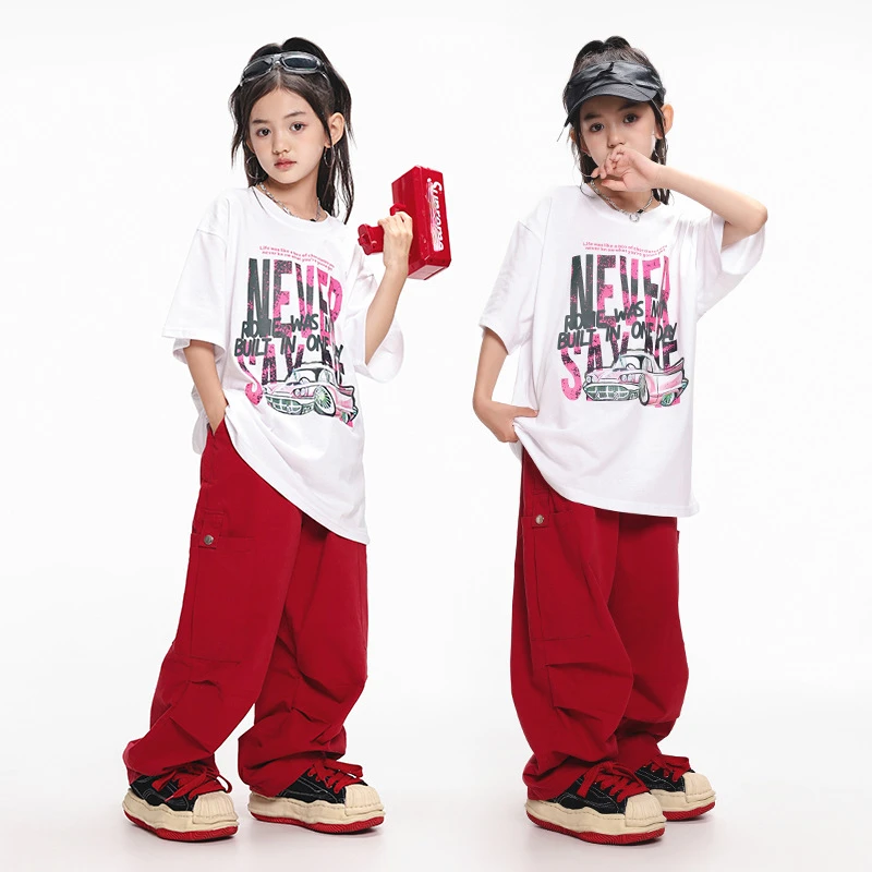 New Kids Hip Hop Dance Clothes Loose Suit Short Sleeve T Shirt Pants Girls Jazz Practice Performance Wear Teenagers Fashion Sets