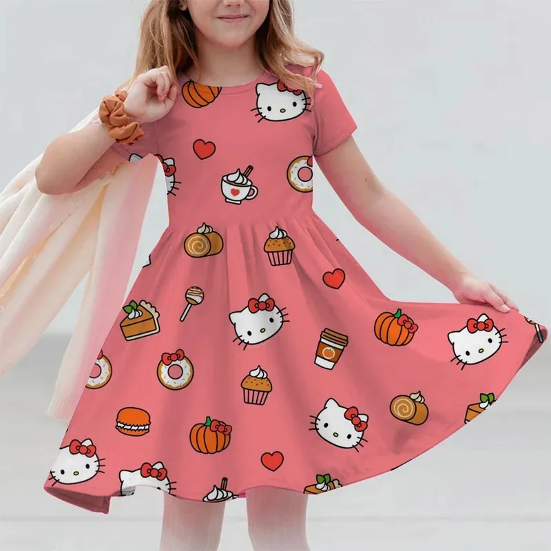 فستان بناتي بأكمام قصيرة لعام 2025 تنورة كورومي هالو كيتي مطبوعة ملابس صيفية جديدة ملابس أصلية ملابس نوم للأطفال