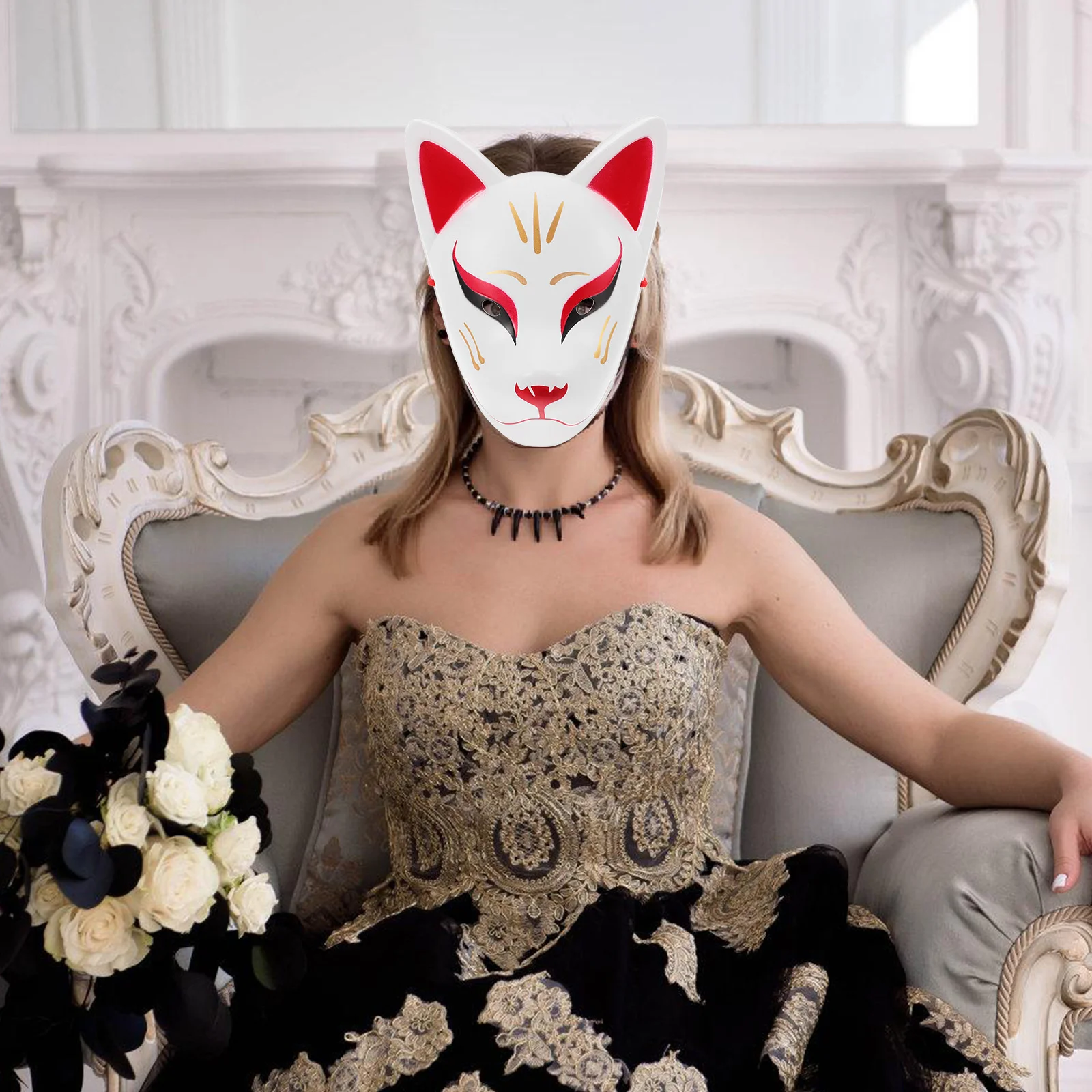 Maschera per il viso del gatto bianco Kitune giapponese volpe spaventosa costume di Halloween maschera per travestimento cosplay