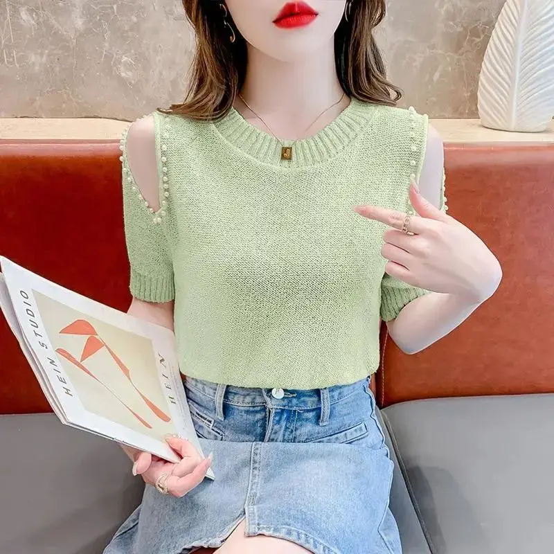 Summer Solid Color Tops Fashion Simplicity Commute Short Sleeve Crew Neck Hollow Out Beading Knitted Sweater Women\'s T-shirt