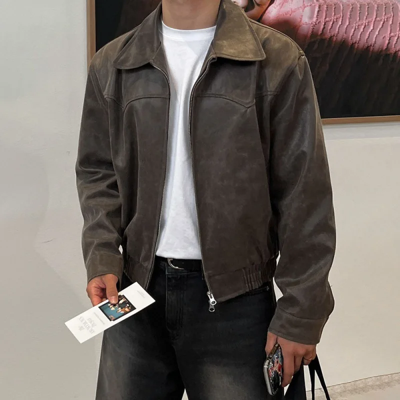 

2025Autumn Vintage Lightweight Distressed Washed Brown Pu Leather Men Jacket Zipper Casual Korean Fashion Men Clothes
