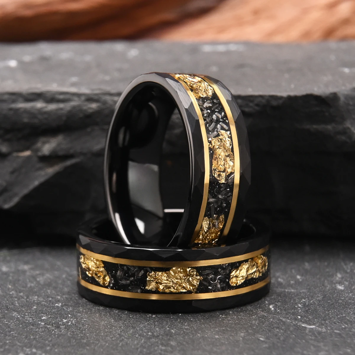 8mm Classic Fashion Tungsten Carbide Ring Black with Golden Foil Wedding Engagement Ring for Men and Women Jewelry Gift