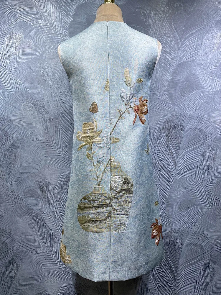 DLDENGHAN Sequin Beading Vest Dress For Women O-Neck Sleeveless Vintage Jacquard Mini Dresses Summer Fashion Female