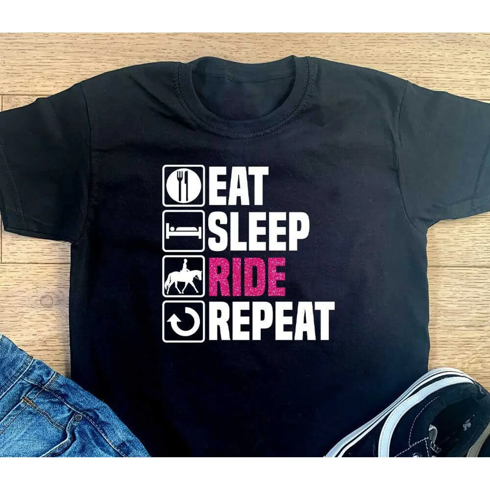 Eat Sleep Horse Ride Repeat Kids T shirt Equestrian  vintage Washed Soft fashion Comfortable designer clothes homme Versatile