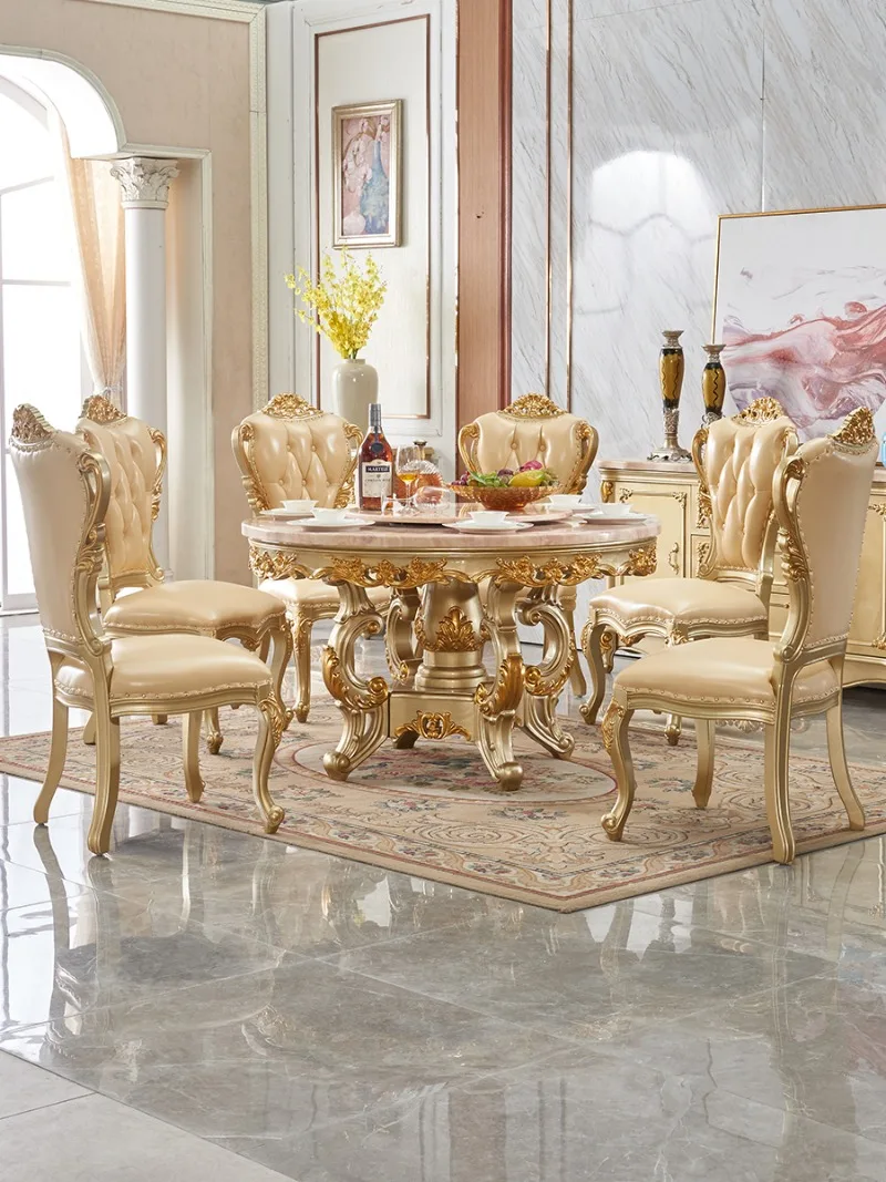 طاولة رخامية مستديرة من الخشب الصلب على الطراز الأوروبي مع طاولة طعام دوارة وكرسي مجموعة مطعم شامبانيا #4