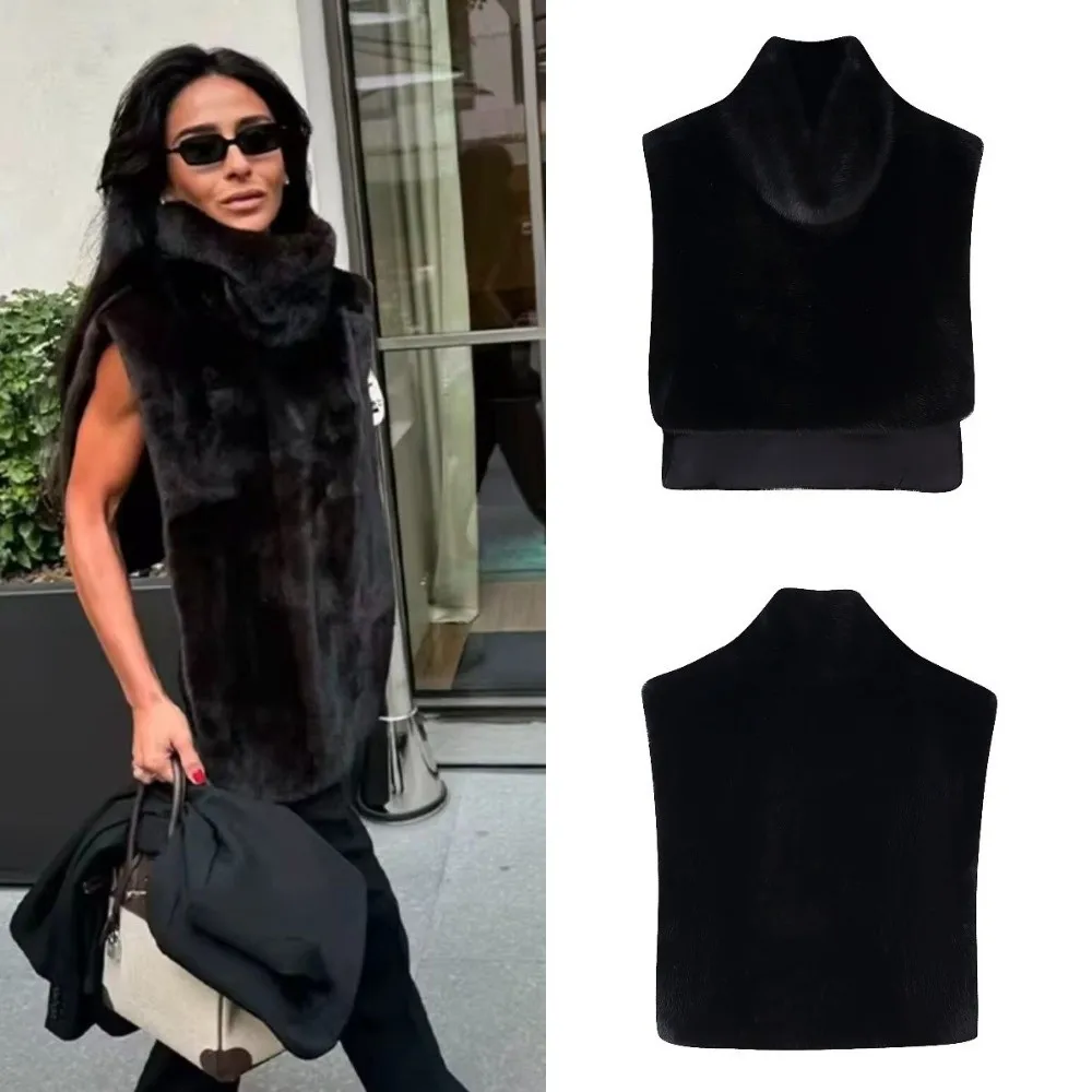 

New Eco Mink Fur Turtleneck Tank Tops High Collar Layering Piece Faux Fur Vest Thicken Fluffy Sleeveless Jacket Women's Apparel