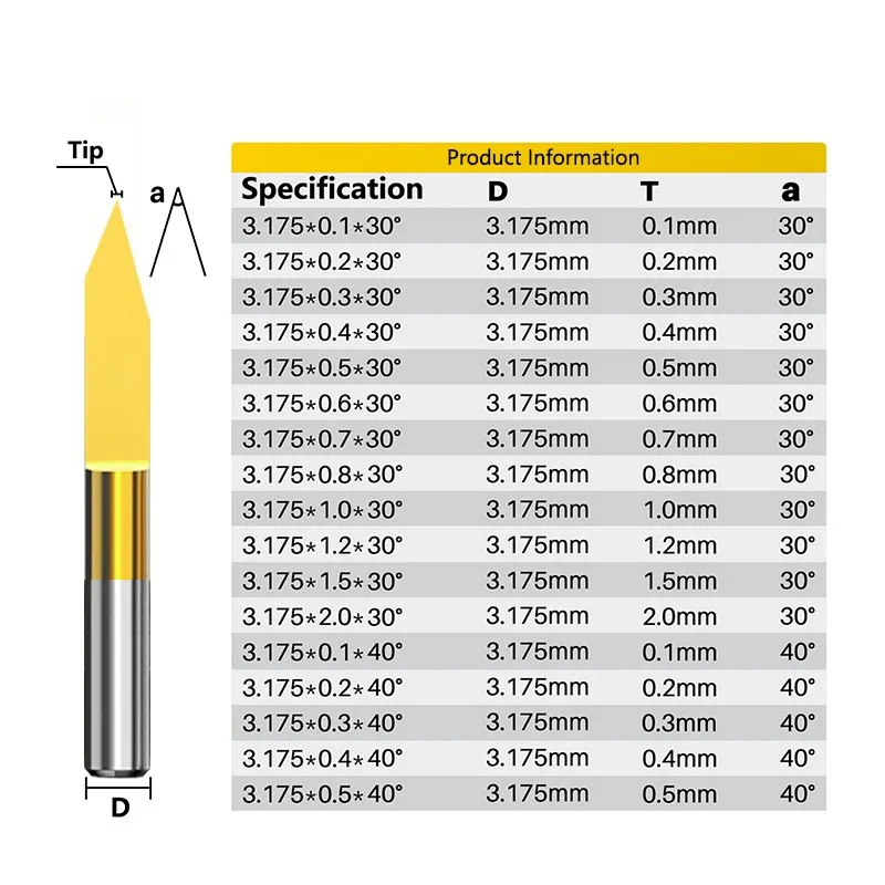 PCB Milling Cutter 1/8 Shank 30/40 Degrees PCB Carving Bit TiN Coated Carbide End Mill 3D Engraving Bit for Wood 10PCS 