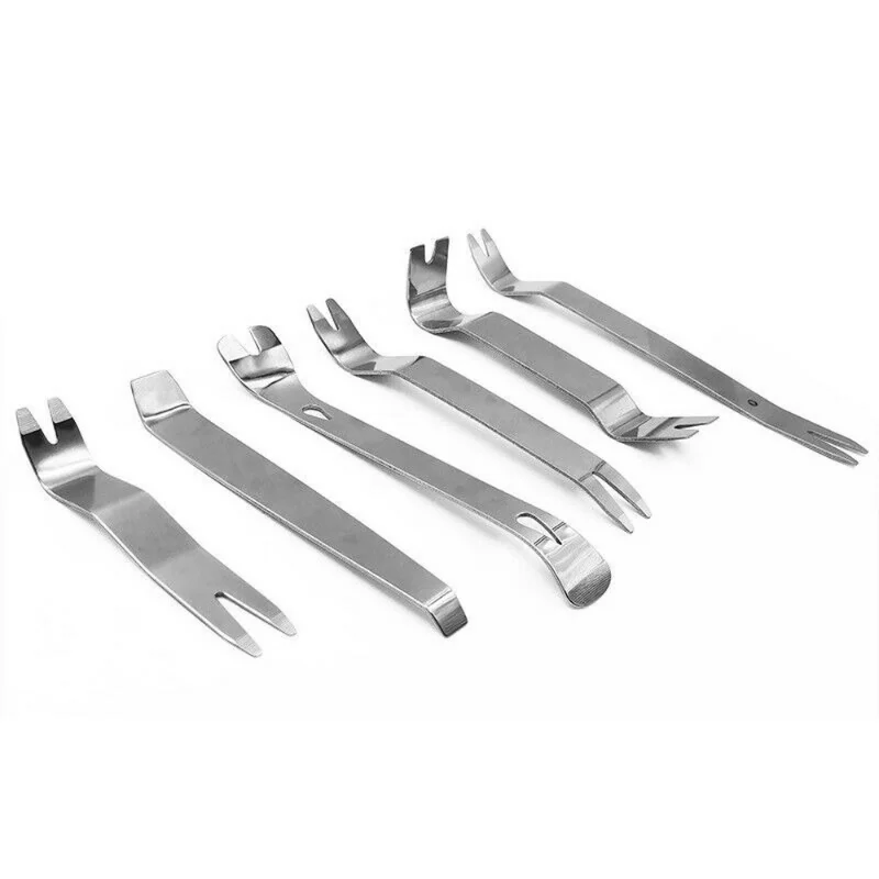 6PCS Kit Trim Door Clip Panel Dash Dashboard Audio Radio Interior Repair Removal Tool Metal Silver Color Car Removal Pry Tools