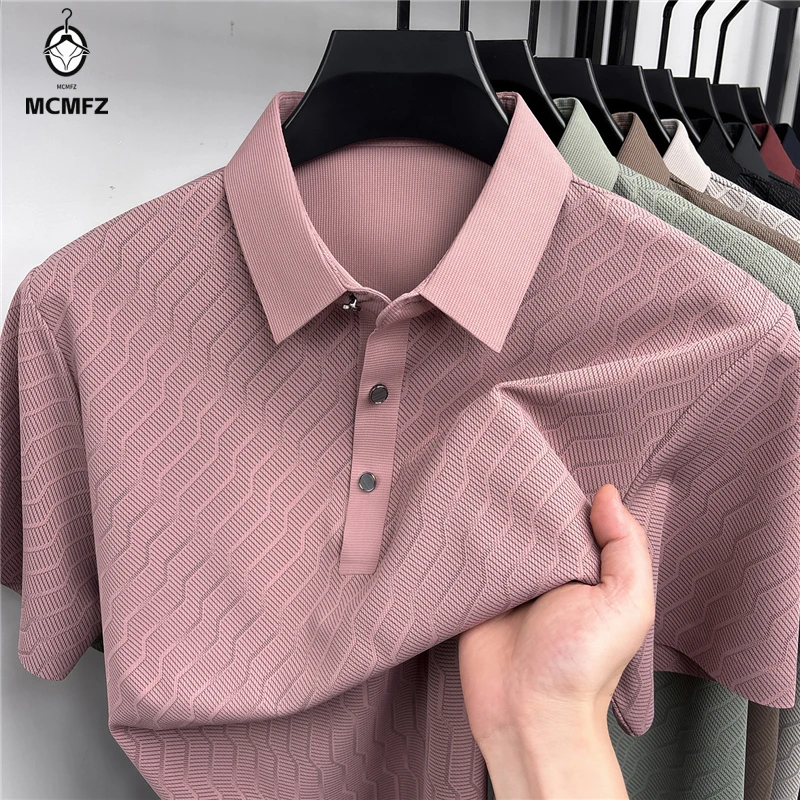 Lightweight soft hollow mesh polo top men lapel two button placket continuous wave jacquard slim fit breathable office tee