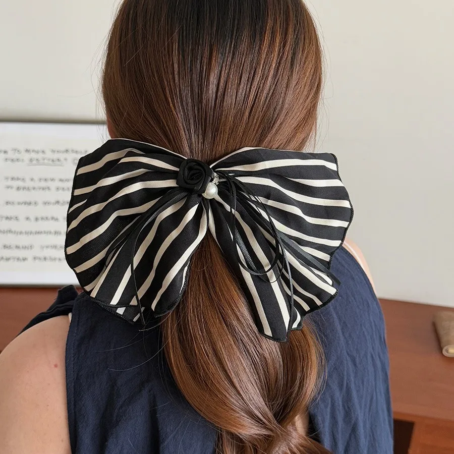 Black White Stripe Bow Snap Clip Hair Barrett Retro Korean Ribbon Tails Updo Styler Premium Simple Versatile