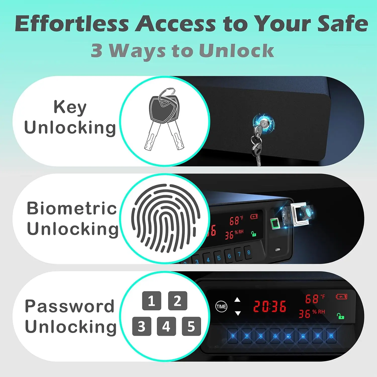 Smart Gun Safe with Security Cable - Biometric Pistol Safe for 2 Handgun 3 Ways Quick Access with Fingerprint/Keypad/Key, for Ni