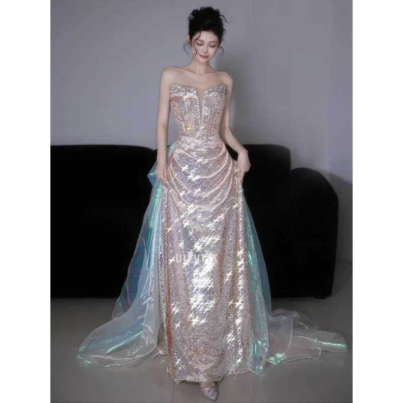 Luxo formal vestidos de festa à noite mulher sem alças lantejoulas vestido de baile com contas até o chão sereia casamento vestidos de noiva