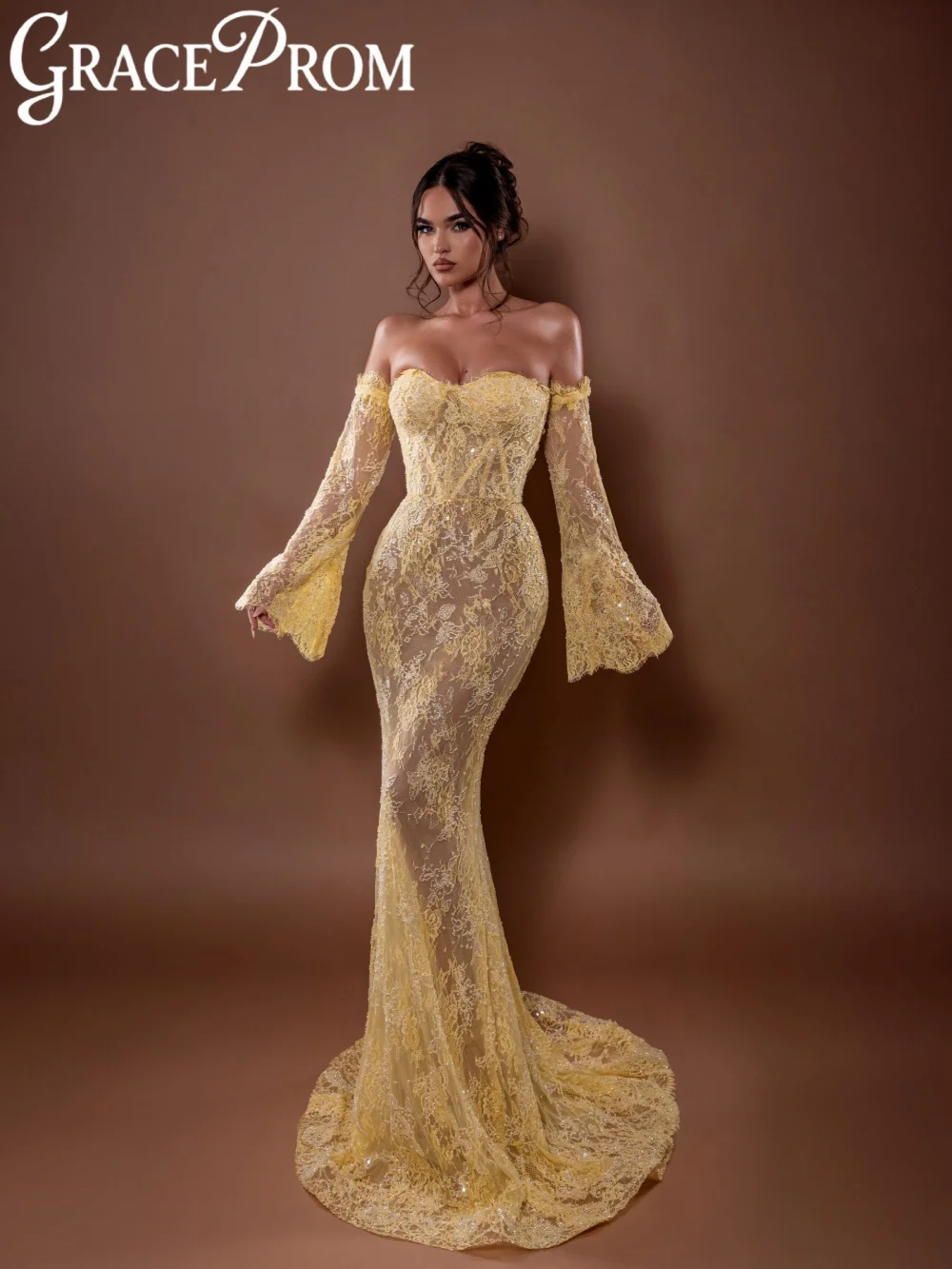 

Detachable Sleeve Yellow Beaded Lace Evening Dress Sweetheart Neck Wedding Party Gown Customized Mermaid Long Banquet Dresses