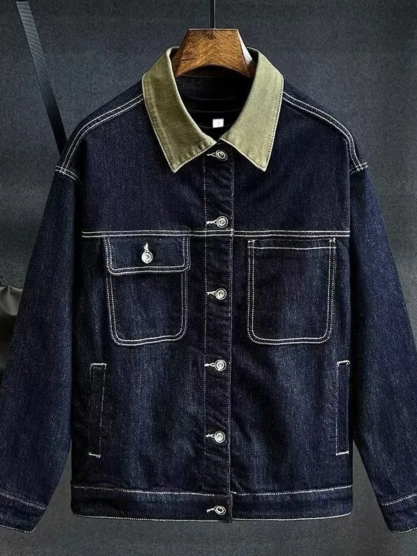 Retro American Washed Original Color Men's Denim Jacket Spring Autumn Loose Fit Collar Workwear Jacket Casual Wear
