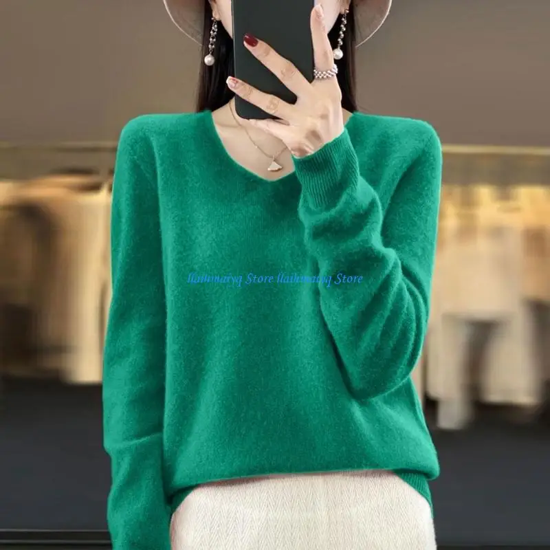 573B Winter Fall Women Long Sleeve Knitted Sweater Casual Loose V Neck Pullover Sweater Jumper Top Casual Loose Sweater