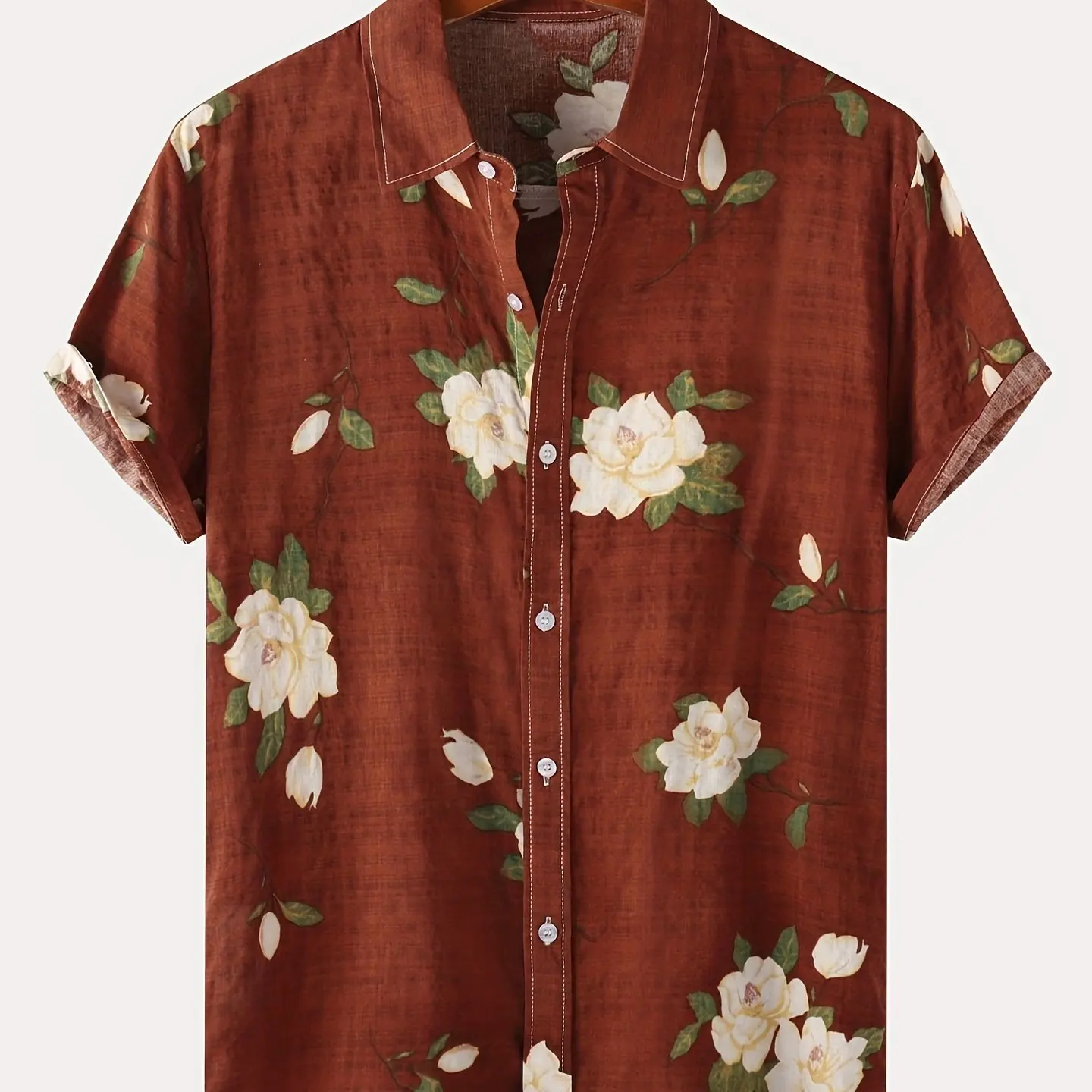 Camisa casual de manga curta slim fit masculina com flores, verão