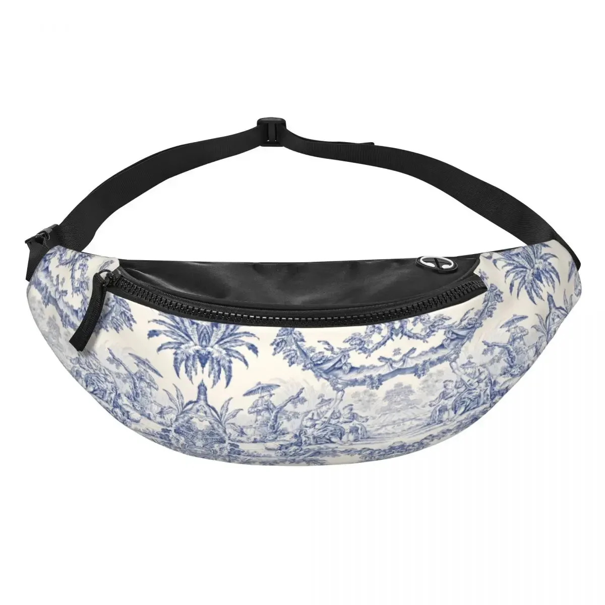 Custom Vintage Classic French Toile De Jouy Navy Blue Motif Pattern Fanny Pack Crossbody Waist Bag Cycling Camping Phone Money