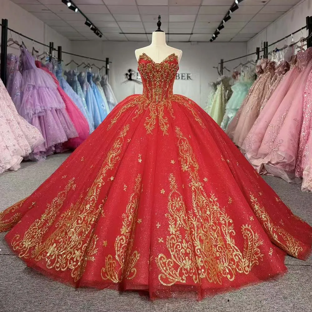 Vibrant Quinceanera Dresses Red Gold Tulle Ball Gown Customized Sweetheart Embroidery Chapel Train vestidos de 15 años