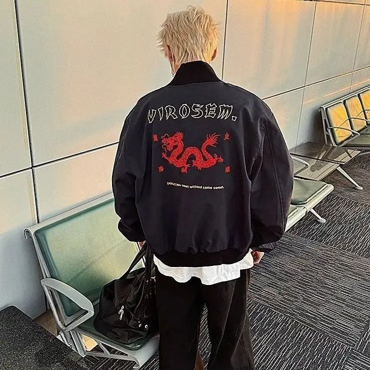 

2025 New Dragon Pattern American Retro ex Pilot Jaet Loose Baseball Outerwear Youth Faion Windproof Long Sve Zipper