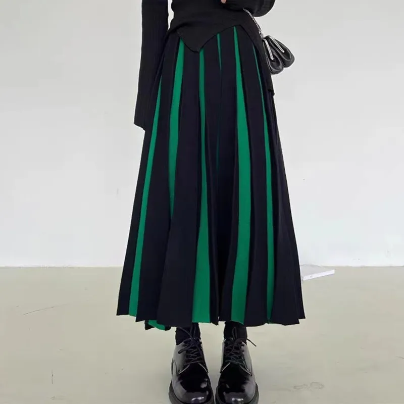 Y2k Fashion Knit Skirt Women 2025 New High-Waisted Green Color Collocation Skirt Thickened Mid-Long Elastic Pleated Skirt Trend