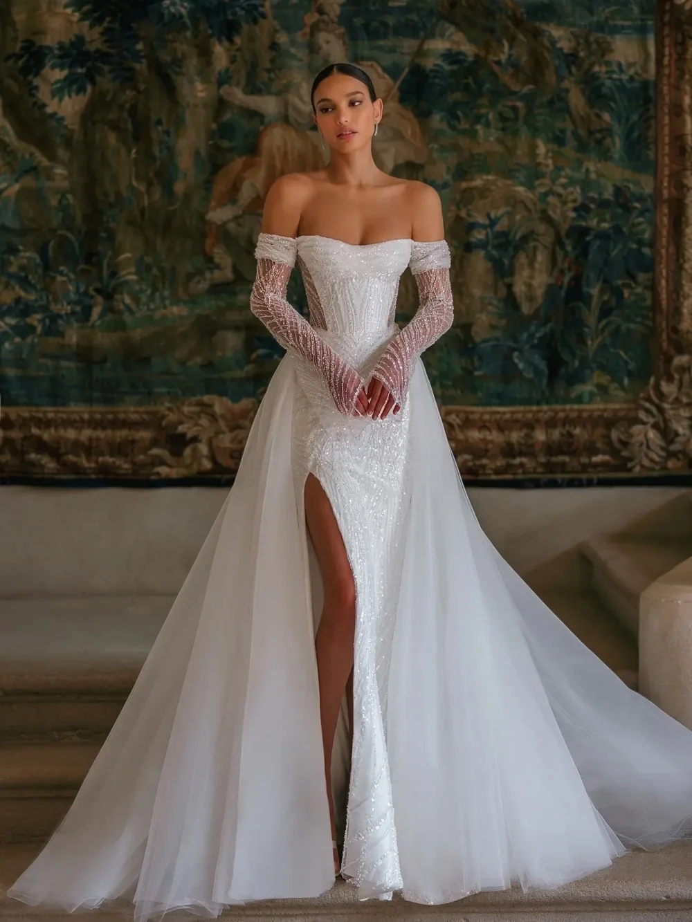 Romantic Off The Shoulder Wedding Dress 2026 Romantic Side Slit Bridal Gown Sparkling A Line Floor Length Bridal Dress Robe De M