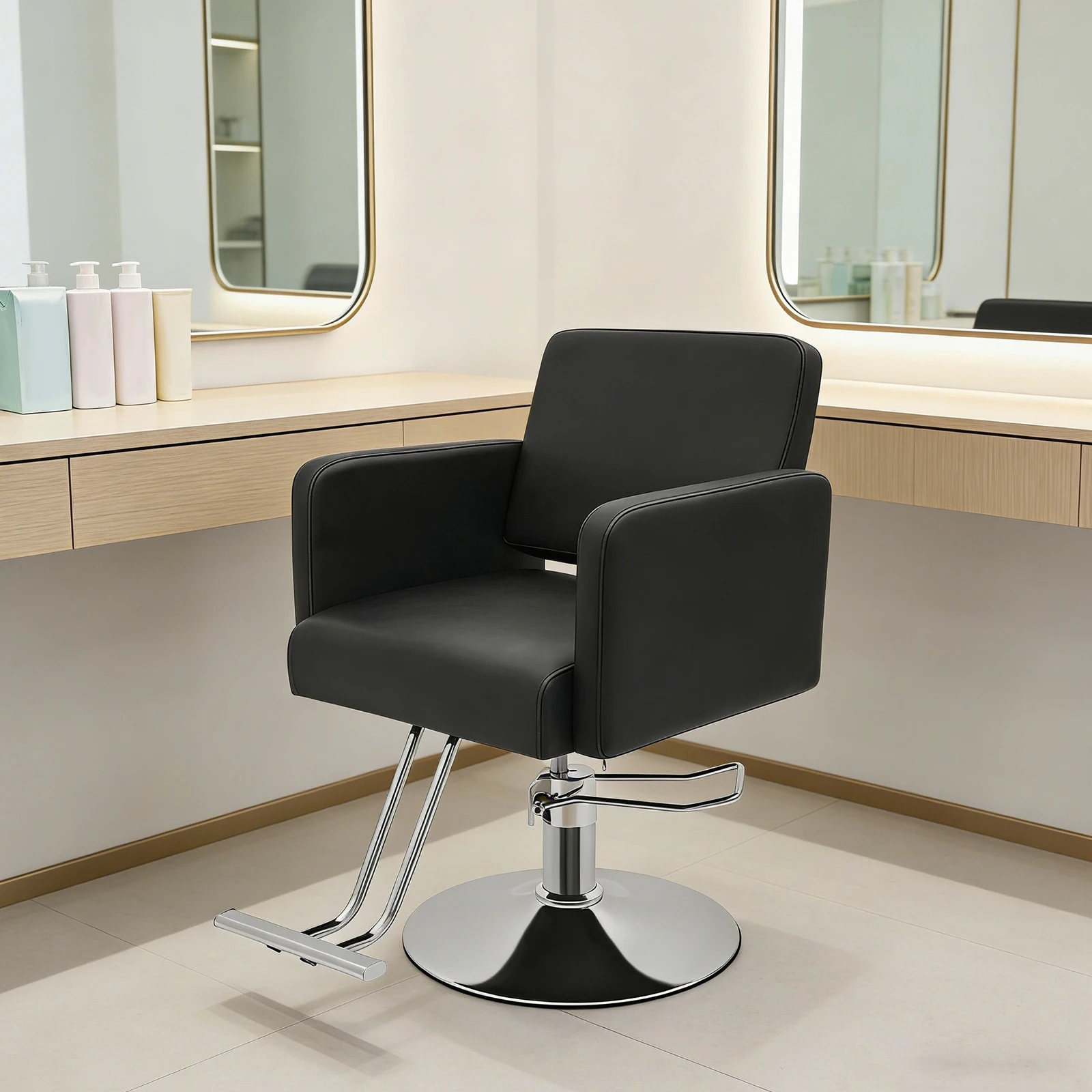 Barber Chair, Salon Chair, Stylist Chair, Black PU Leather, Chromium Metal Base, 360 Degree Rotation, Hydraulic Pump, Height Adjustable, 4 inch, Ergonomic, High Density Foam, 150kg Capacity, 330 lbs, Anti-Slip, Footrest, for Hair Salon, Barber Shop